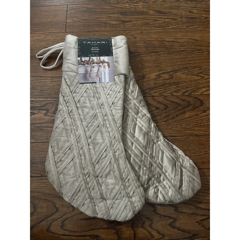 Set Of 2 Tahari Christmas Stockings Taupe Quilted Velvet Velour 22